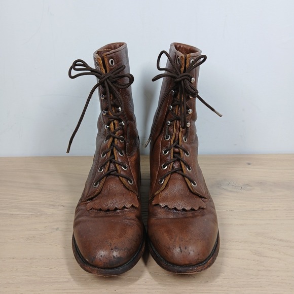Justin Boots Womens 8B Brown Leather Lace Up Vintage Ankle Riding Work - Picture 6 of 10